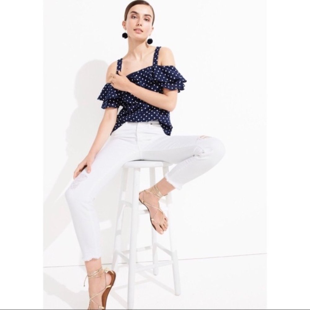 NEW J. Crew Navy Blue Polka Dot Off The Shoulder Ruffle Blouse Top